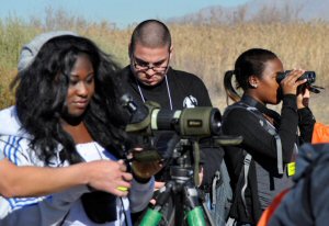Students set up bird viewing equipment